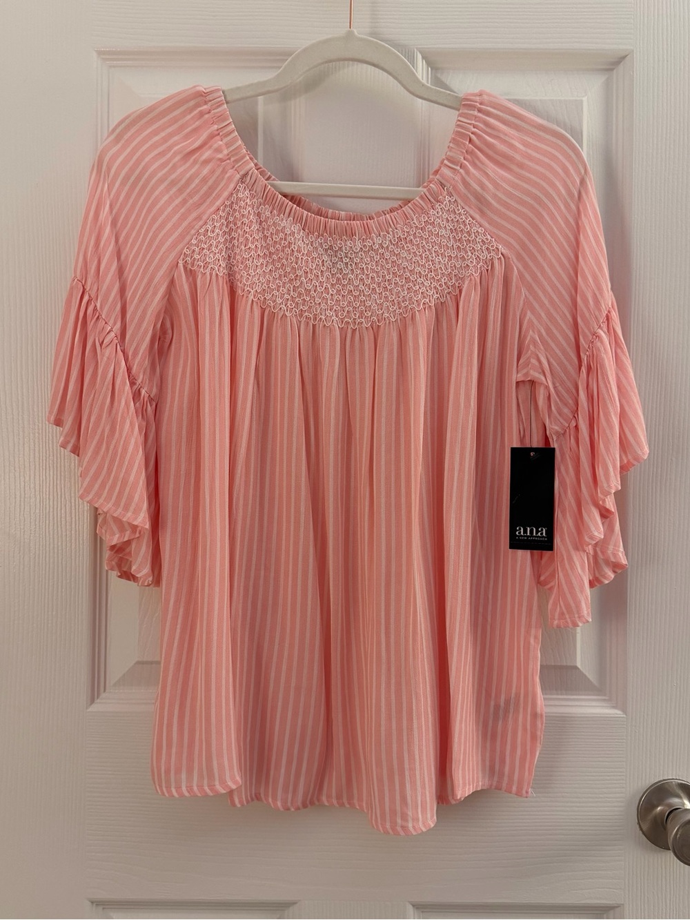 a.n.a Pink White Stripe Off the Shoulder Flutter Sleeve Blouse Small